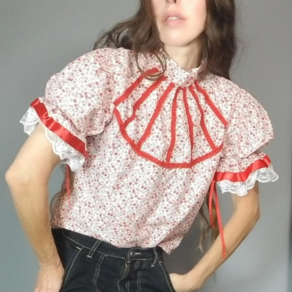Vintage Handmade Puff Sleeve Floral Top s m